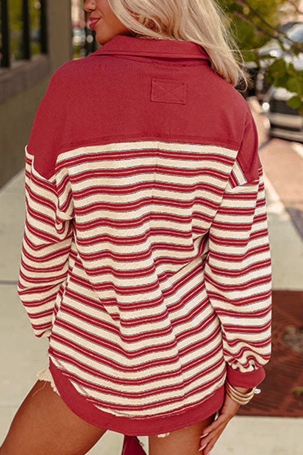 Stripe Johnny Collar Drop Shoulder Sweatshirt - Sweatshirts & Hoodies - FITGGINS