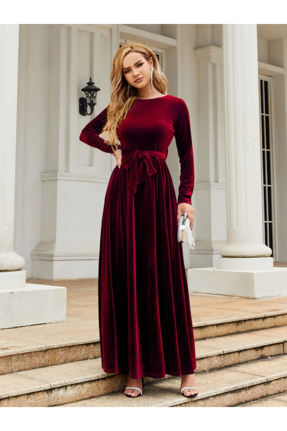 Tie Front Round Neck Long Sleeve Maxi Dress - - FITGGINS