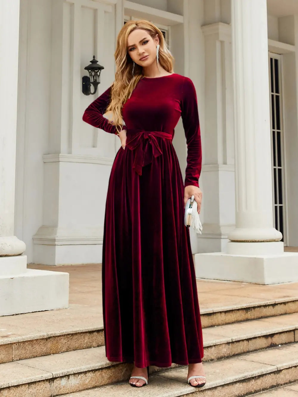 Tie Front Round Neck Long Sleeve Maxi Dress Fitggins