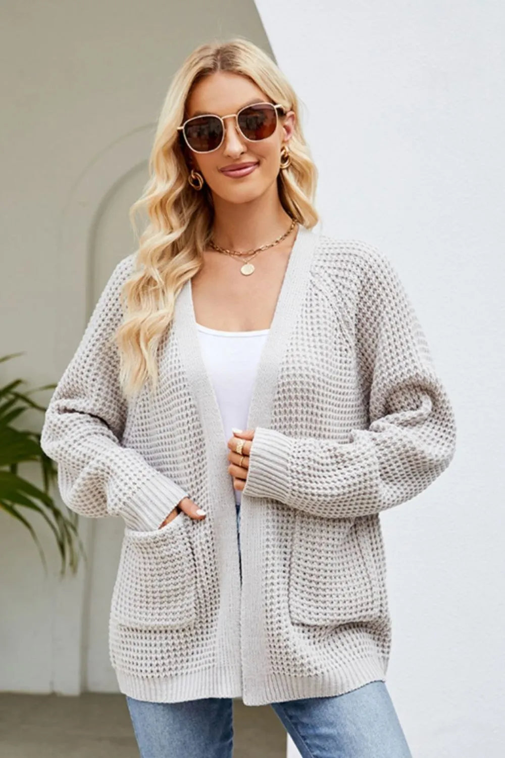 Open Front Raglan Sleeve Pocketed Cardigan Fitggins