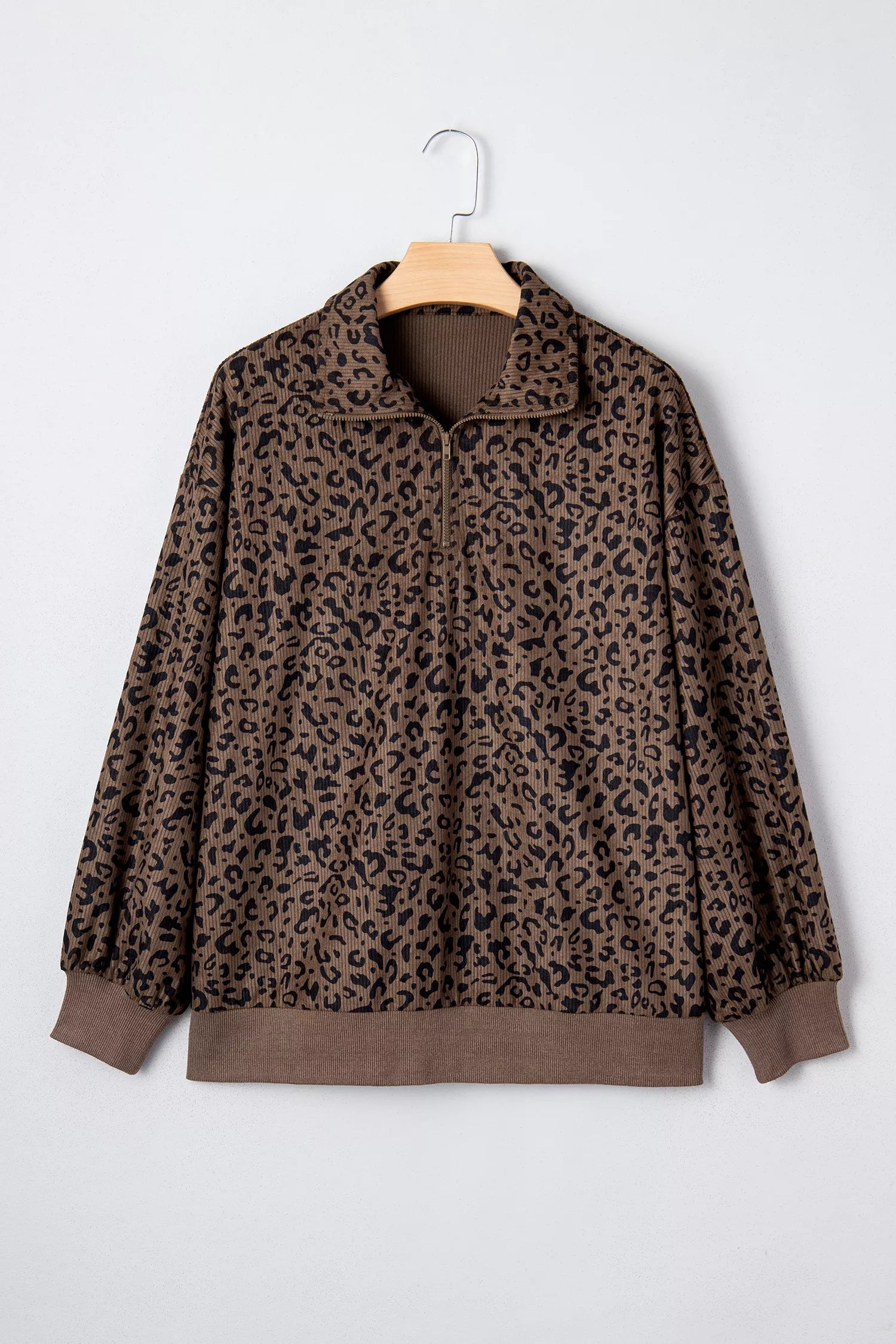 Leopard Print Quarter Zip Corduroy Sweatshirt Fitggins