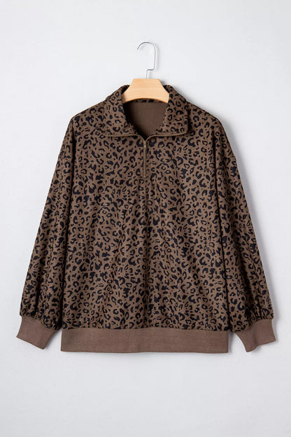 Leopard Print Quarter Zip Corduroy Sweatshirt Fitggins