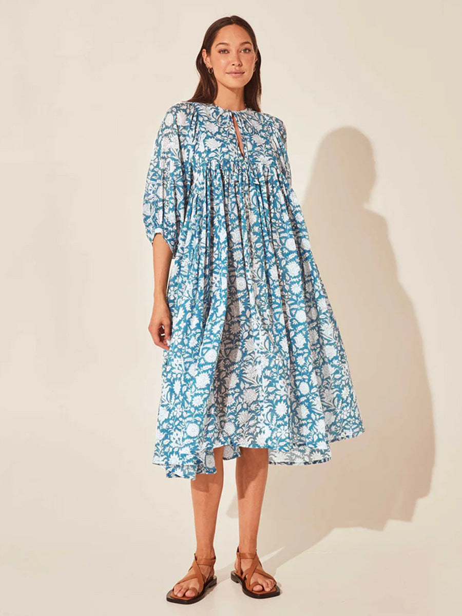 Floral Tie Neck Lantern Sleeve Dress Light Blue Fitggins