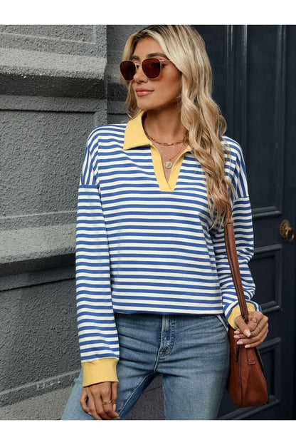 Striped Johnny Collar Long Sleeve Sweatshirt - Sweatshirts & Hoodies - FITGGINS