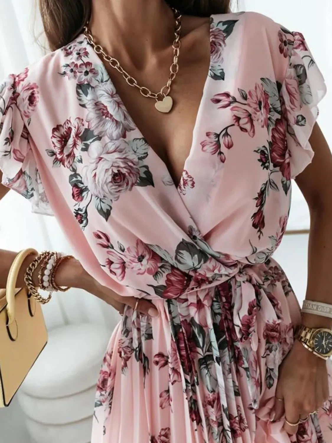 Floral Surplice Ruffled Cap Sleeve Dress Pink Fitggins