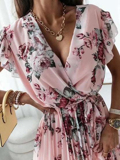 Floral Surplice Ruffled Cap Sleeve Dress Pink Fitggins