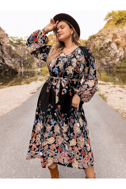 Plus Size V-Neck Long Sleeve Dress - Casual & Maxi Dresses - FITGGINS