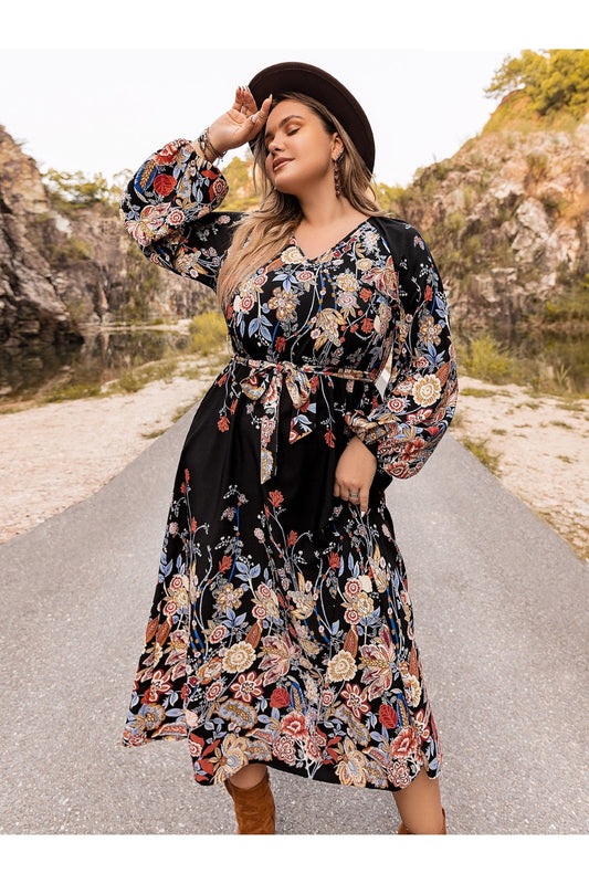 Plus Size V-Neck Long Sleeve Dress - Casual & Maxi Dresses - FITGGINS