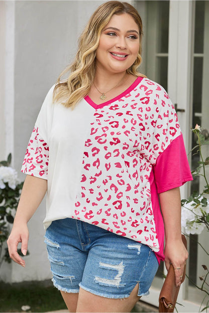 Plus Size Leopard V-Neck T-Shirt - T-Shirts - FITGGINS