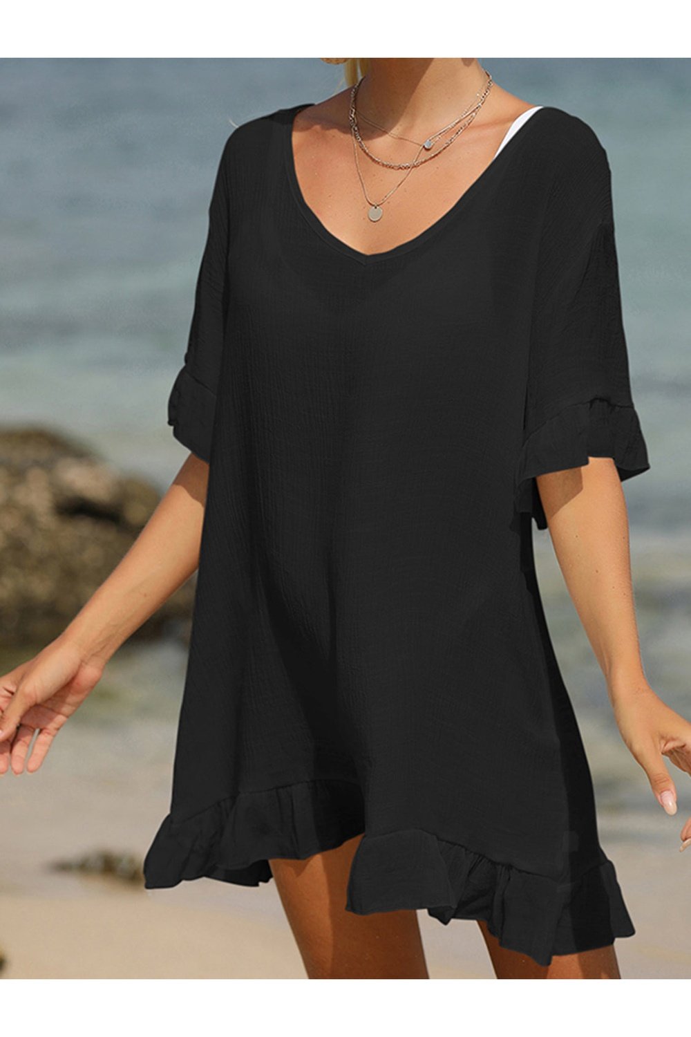 Tied Ruffled Half Sleeve Cover-Up - Cover-Ups - FITGGINS