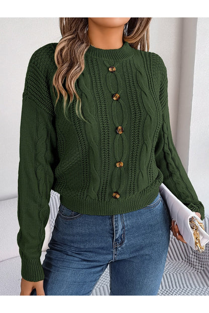 Cable-Knit Buttoned Round Neck Sweater - Pullover Sweaters - FITGGINS