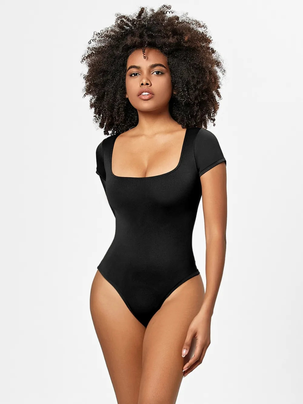 Full Size Square Neck Short Sleeve Bodysuit Fitggins