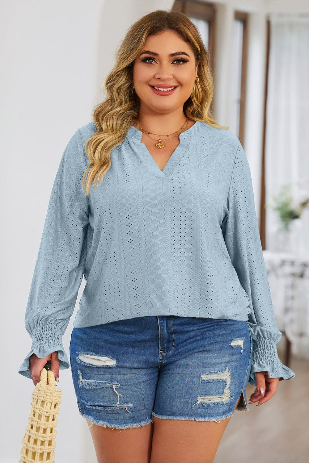 Plus Size Eyelet Notched Flounce Sleeve Blouse - Blouses - FITGGINS