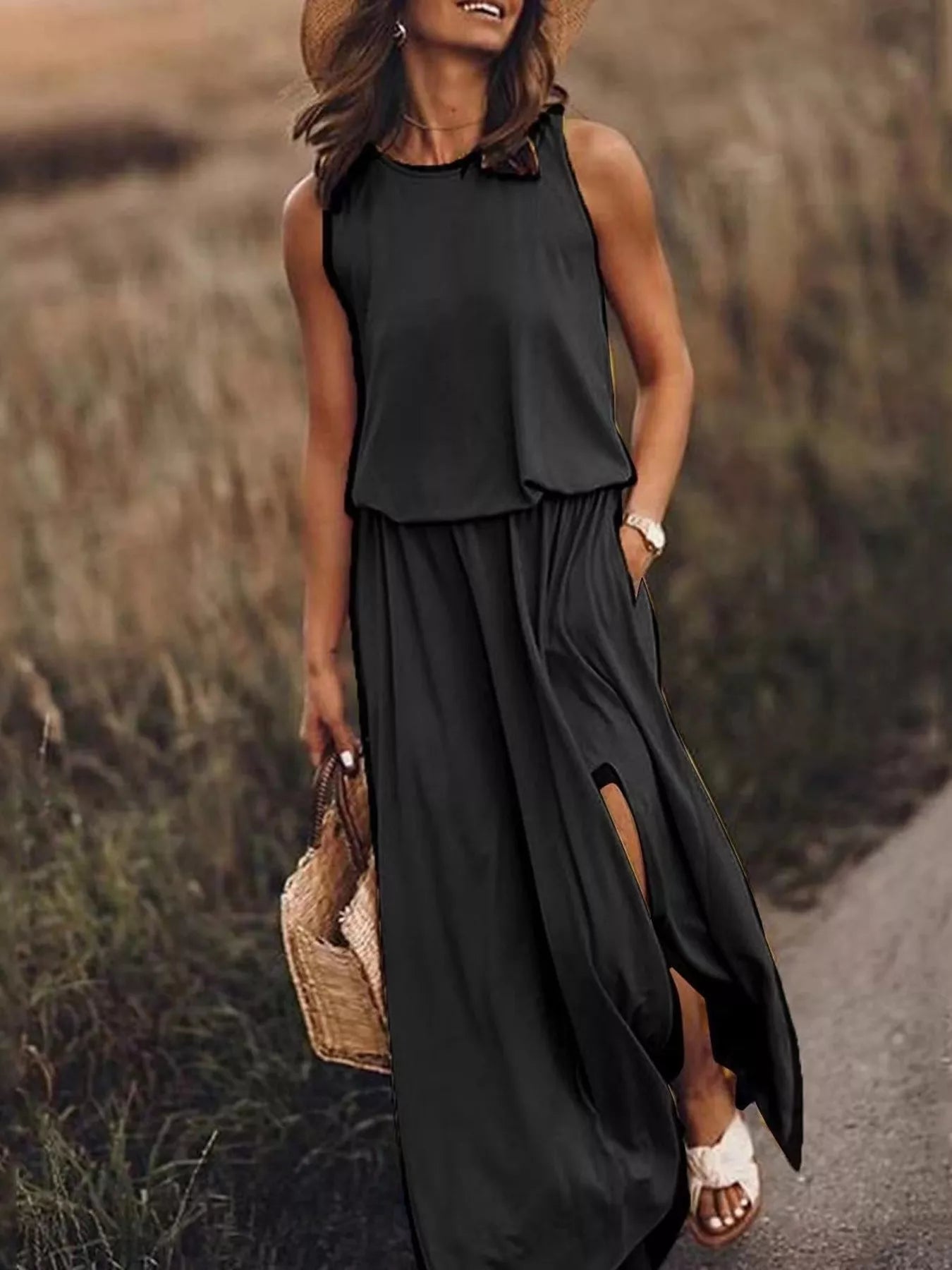 Full Size Round Neck Sleeveless Slit Maxi Dress Plus Size Black Fitggins