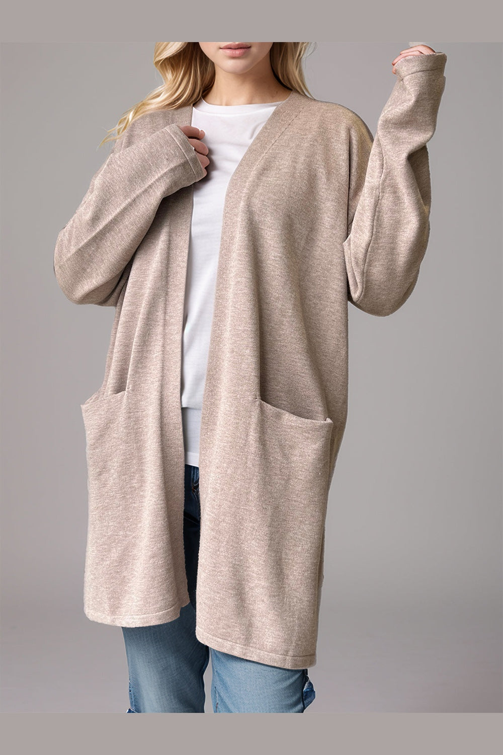 Open Front Long Sleeve Cardigan with Pockets - Cardigans - FITGGINS