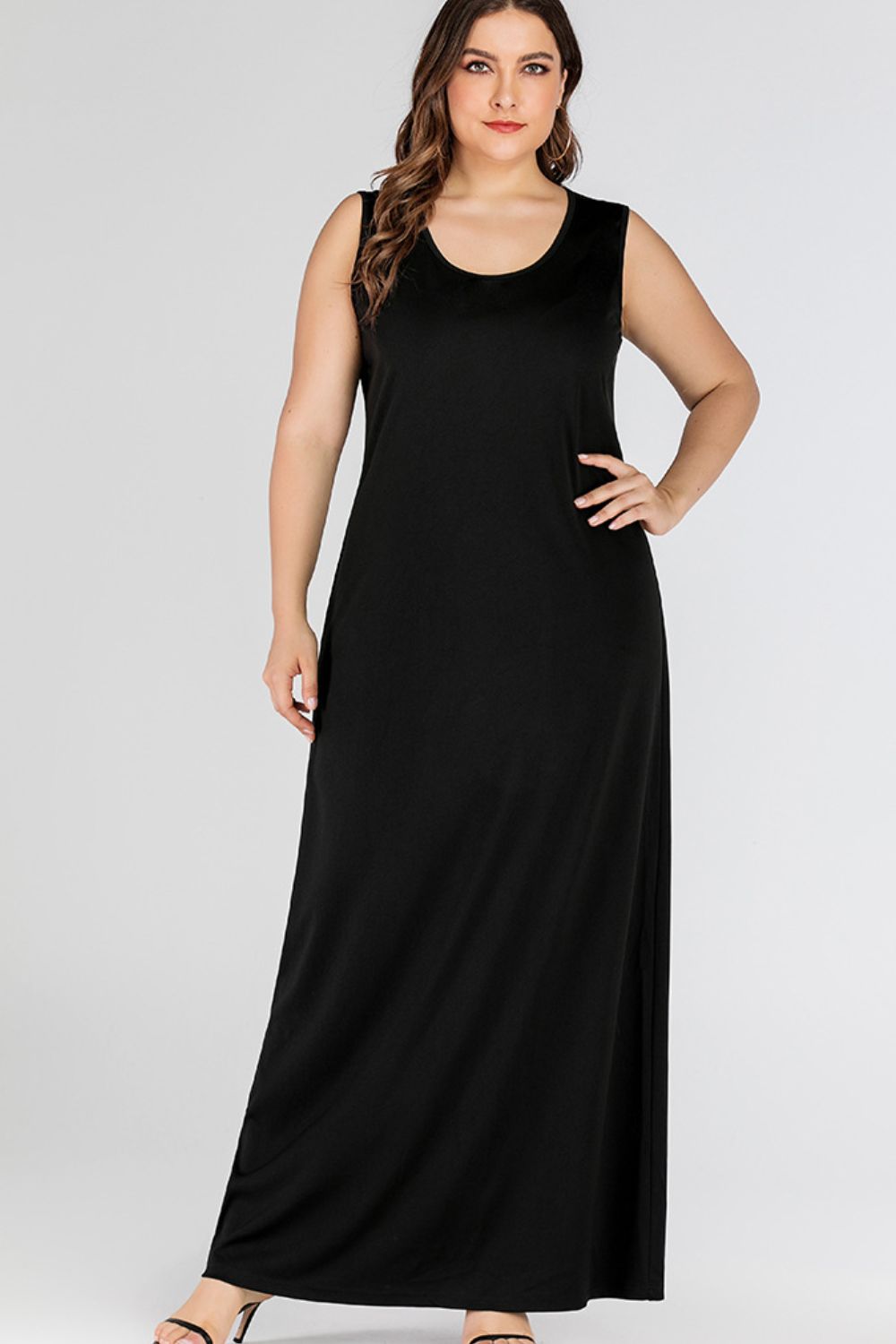 Plus Size Scoop Neck Maxi Tank Dress Black Fitggins