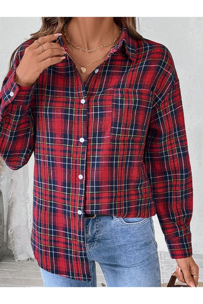 Perfee Plaid Button Up Long Sleeve Shirt - Shirts - FITGGINS