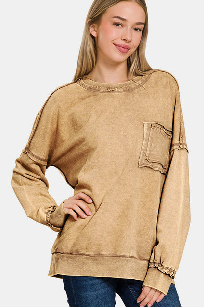 Zenana Exposed Seam Round Neck Dropped Shoulder Sweatshirt - Sweatshirts & Hoodies - FITGGINS