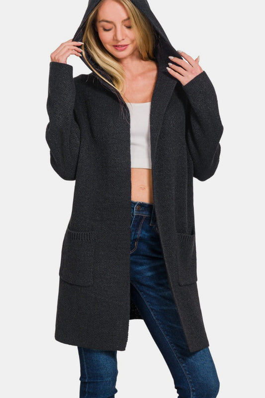 Zenana Hooded Open Front Sweater Cardigan - Cardigans - FITGGINS