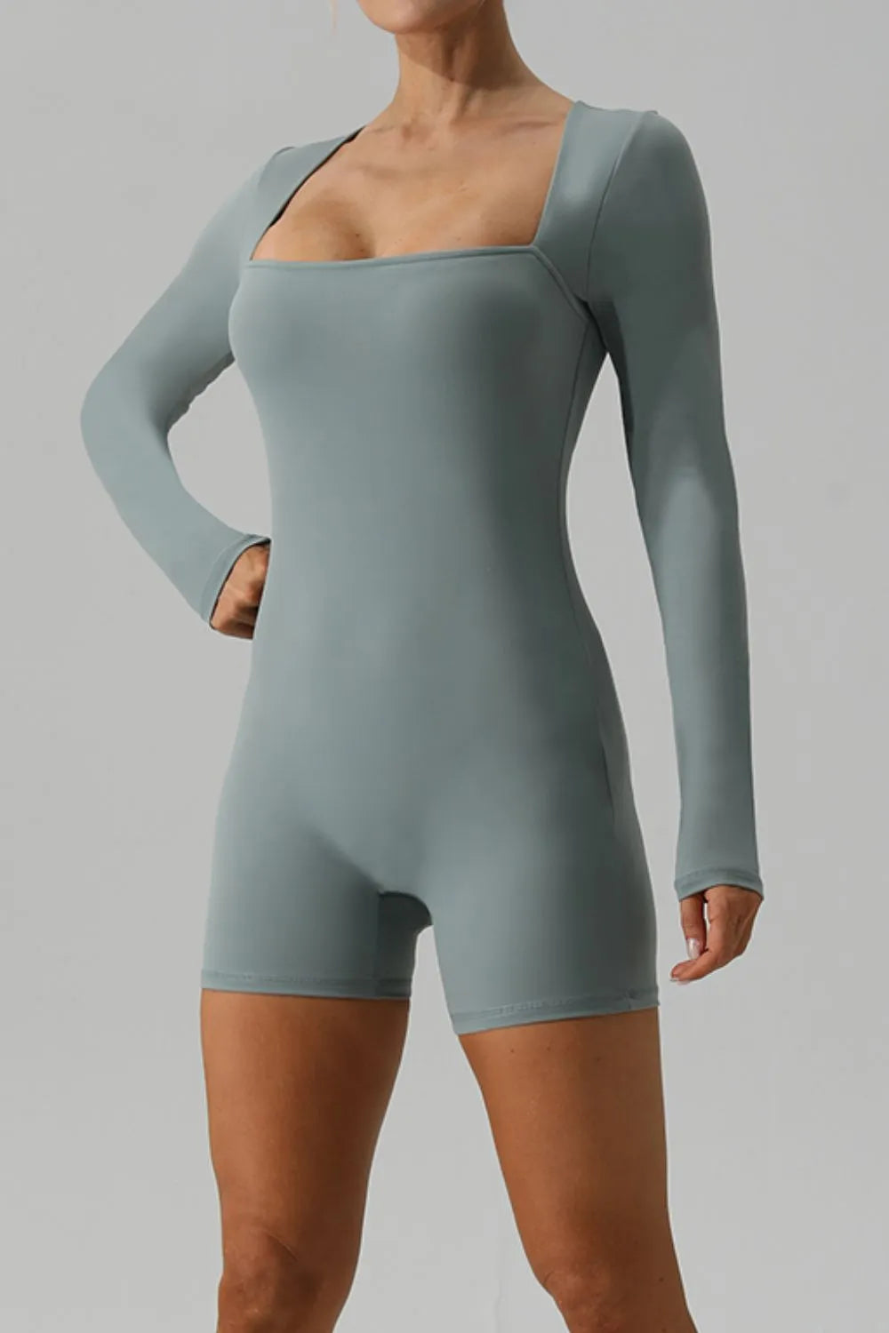 Square Neck Long Sleeve Active Romper Light Green Fitggins