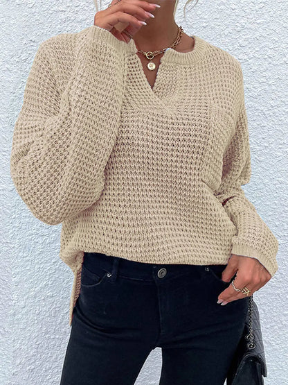 Notched Long Sleeve Sweater Tan Fitggins