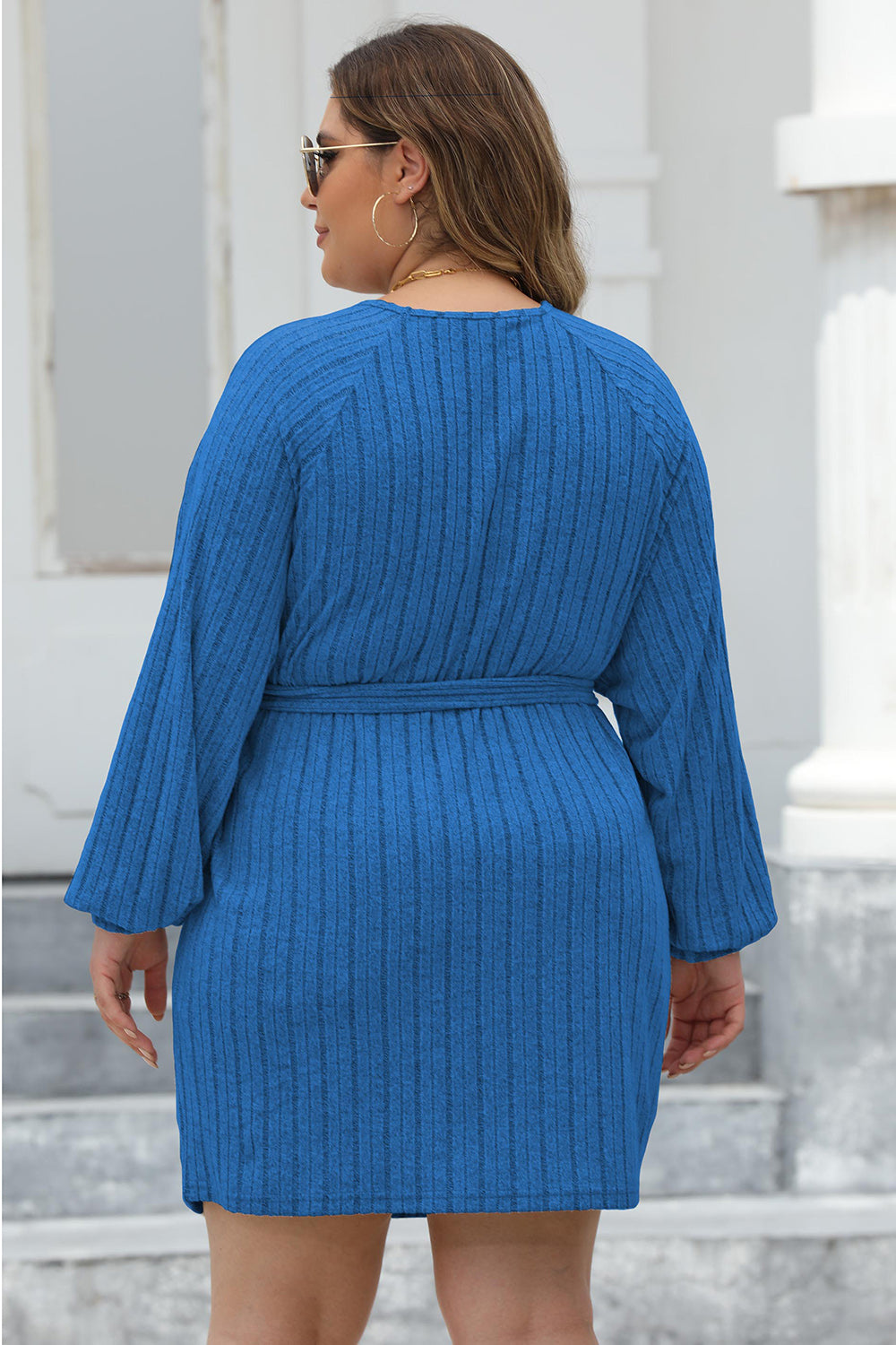 Plus Size Ribbed Tie Front Long Sleeve Sweater Dress - Sweater Dresses - FITGGINS