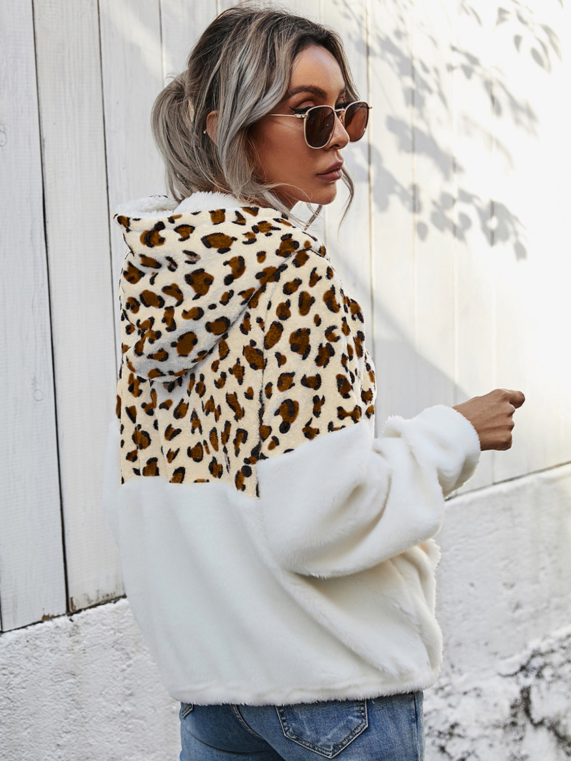 Shiny Leopard Half-Zip Dropped Shoulder Hoodie Fitggins