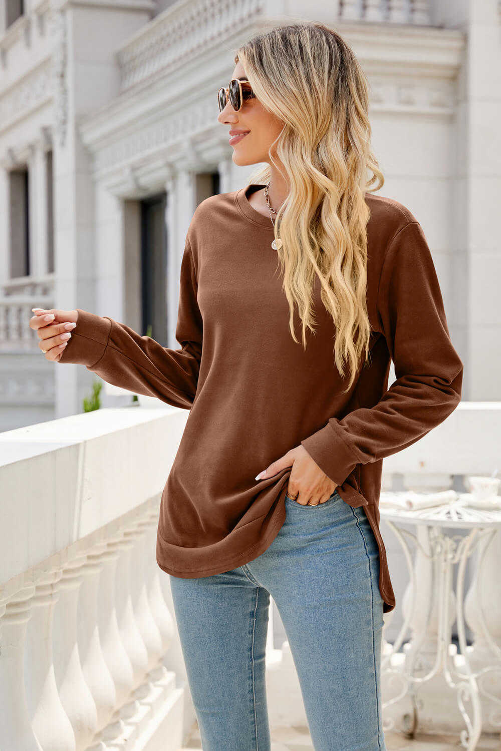 Round Neck Slit Tunic Top - T-Shirts - FITGGINS