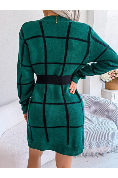 Plaid Round Neck Dropped Shoulder Sweater Dress - Sweater Dresses - FITGGINS