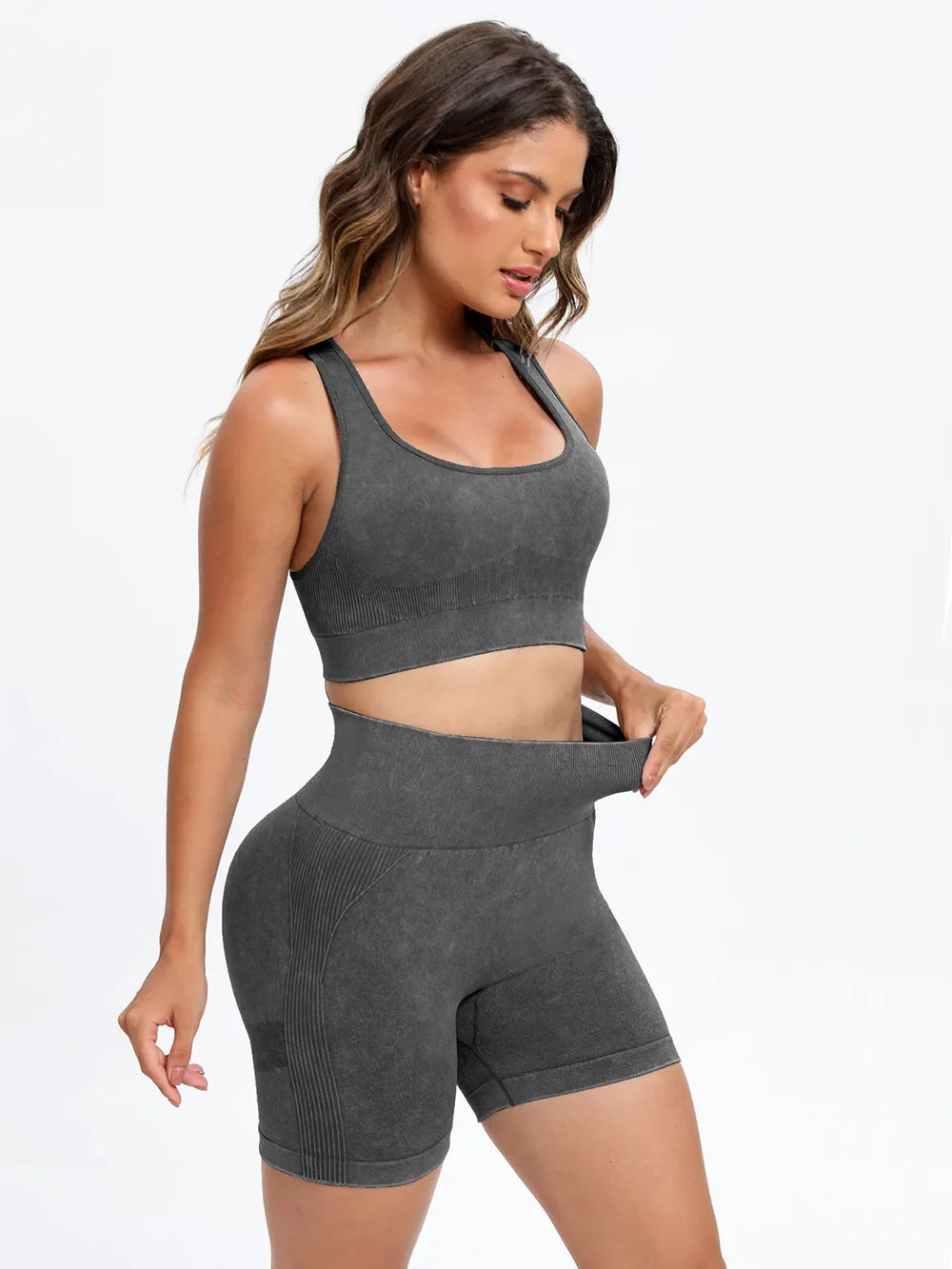 Scoop Neck Wide Strap Top and Shorts Active Set Dark Gray Fitggins