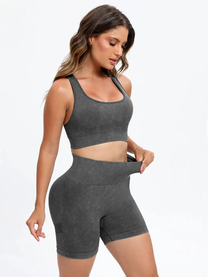 Scoop Neck Wide Strap Top and Shorts Active Set Dark Gray Fitggins