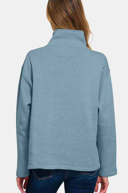 Zenana Turtleneck Half Snap Fleece Sweatshirt - Sweatshirts & Hoodies - FITGGINS