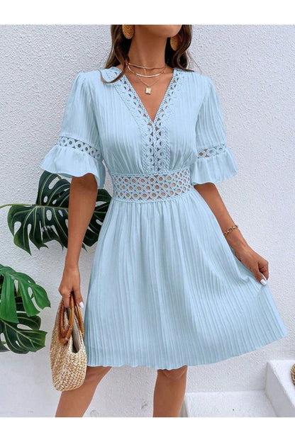 Cutout V-Neck Flounce Sleeve Mini Dress - Casual & Maxi Dresses - FITGGINS