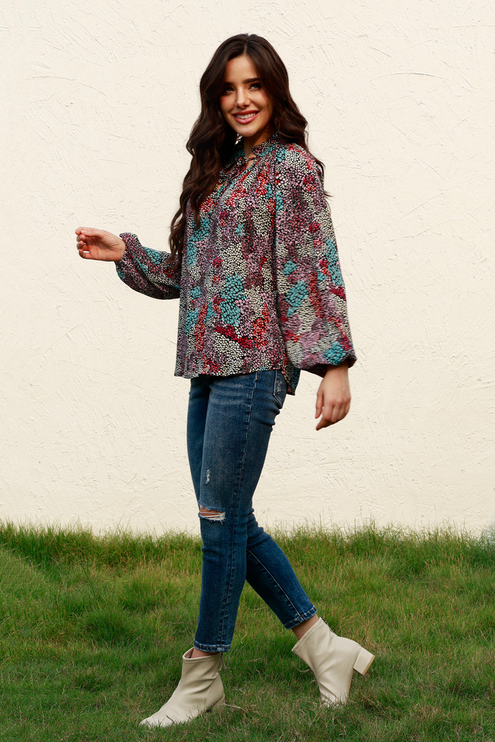 Tie Neck Heathered Balloon Sleeve Blouse Fitggins