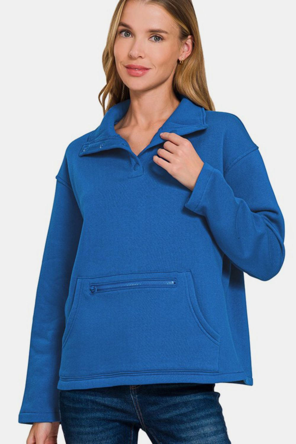 Zenana Turtleneck Half Snap Fleece Sweatshirt - Sweatshirts & Hoodies - FITGGINS