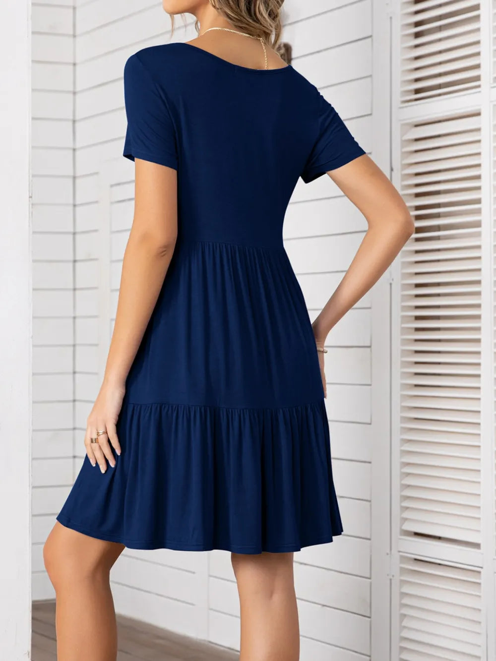 Round Neck Short Sleeve Mini Tee Dress Indigo Fitggins