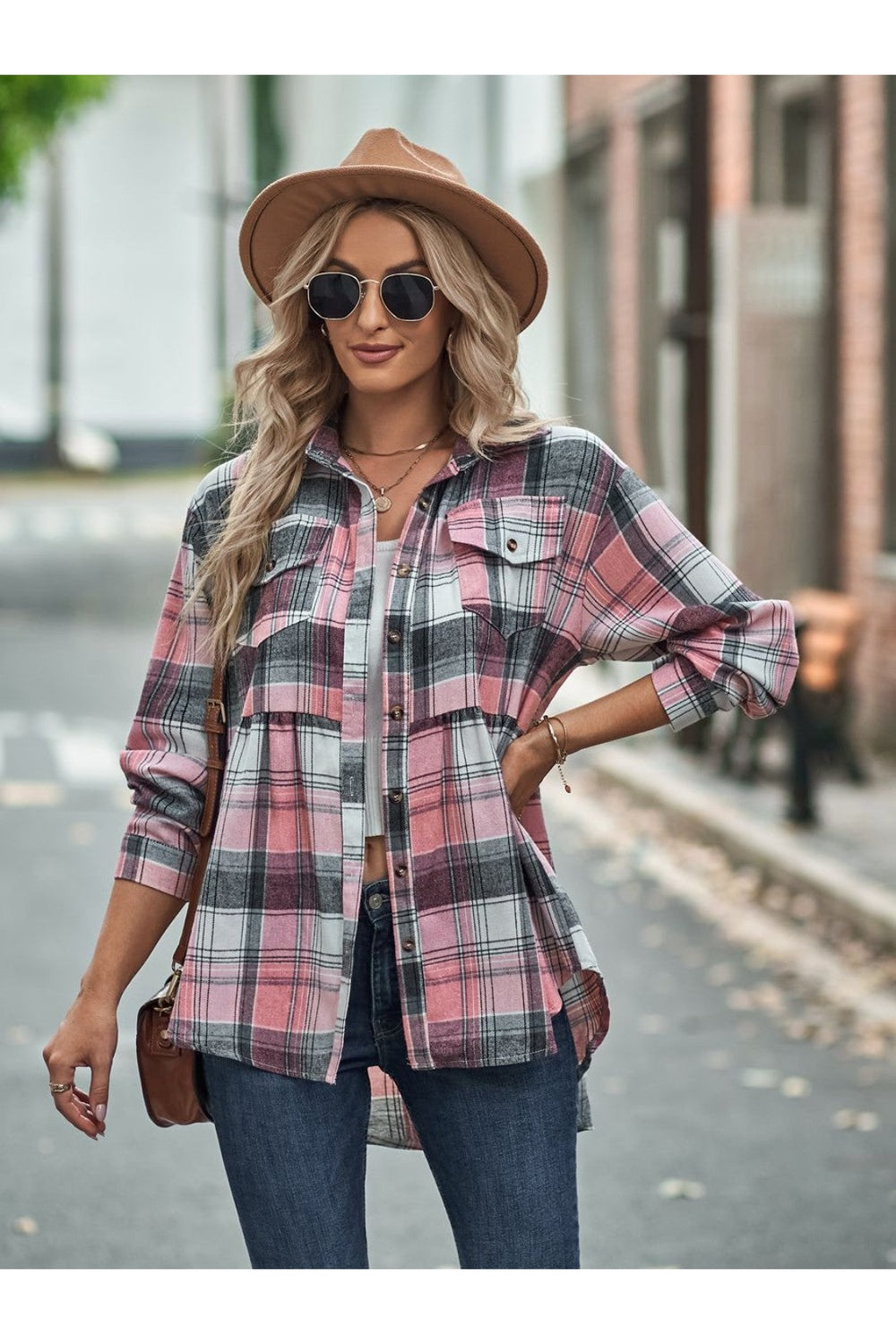 Plaid Button Up Dropped Shoulder Shirt - Shirts - FITGGINS