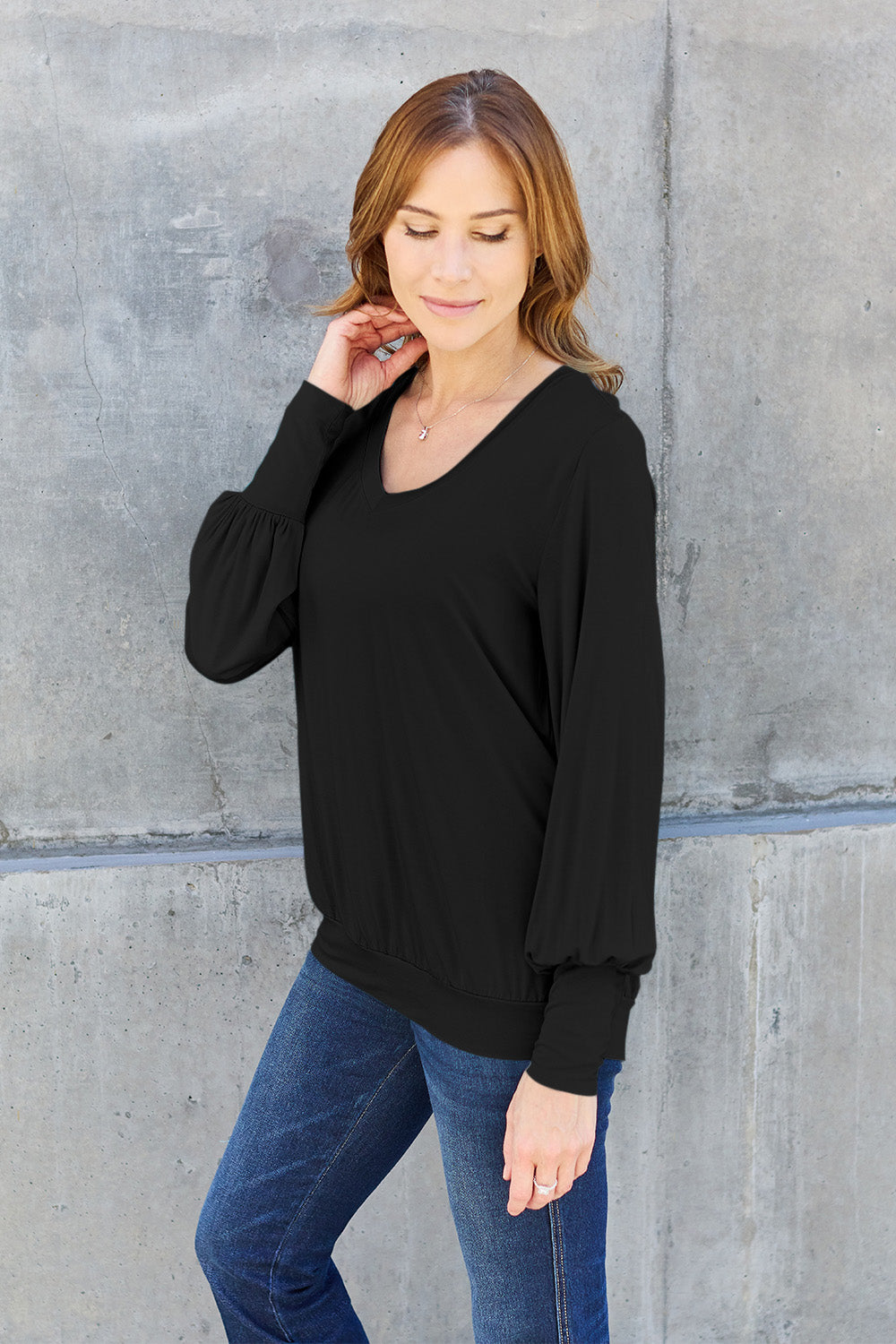 Basic Bae Full Size V-Neck Lantern Sleeve Top - T-Shirts - FITGGINS