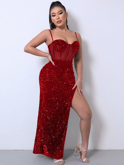 Sequin Spliced Mesh Adjustable Strap Dress Red Fitggins