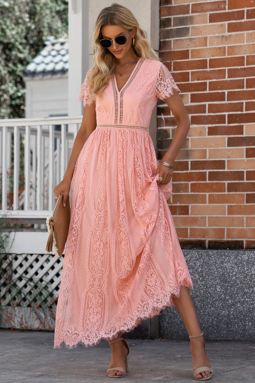 Scalloped Trim Lace Plunge Dress - Cocktail Dresses - FITGGINS