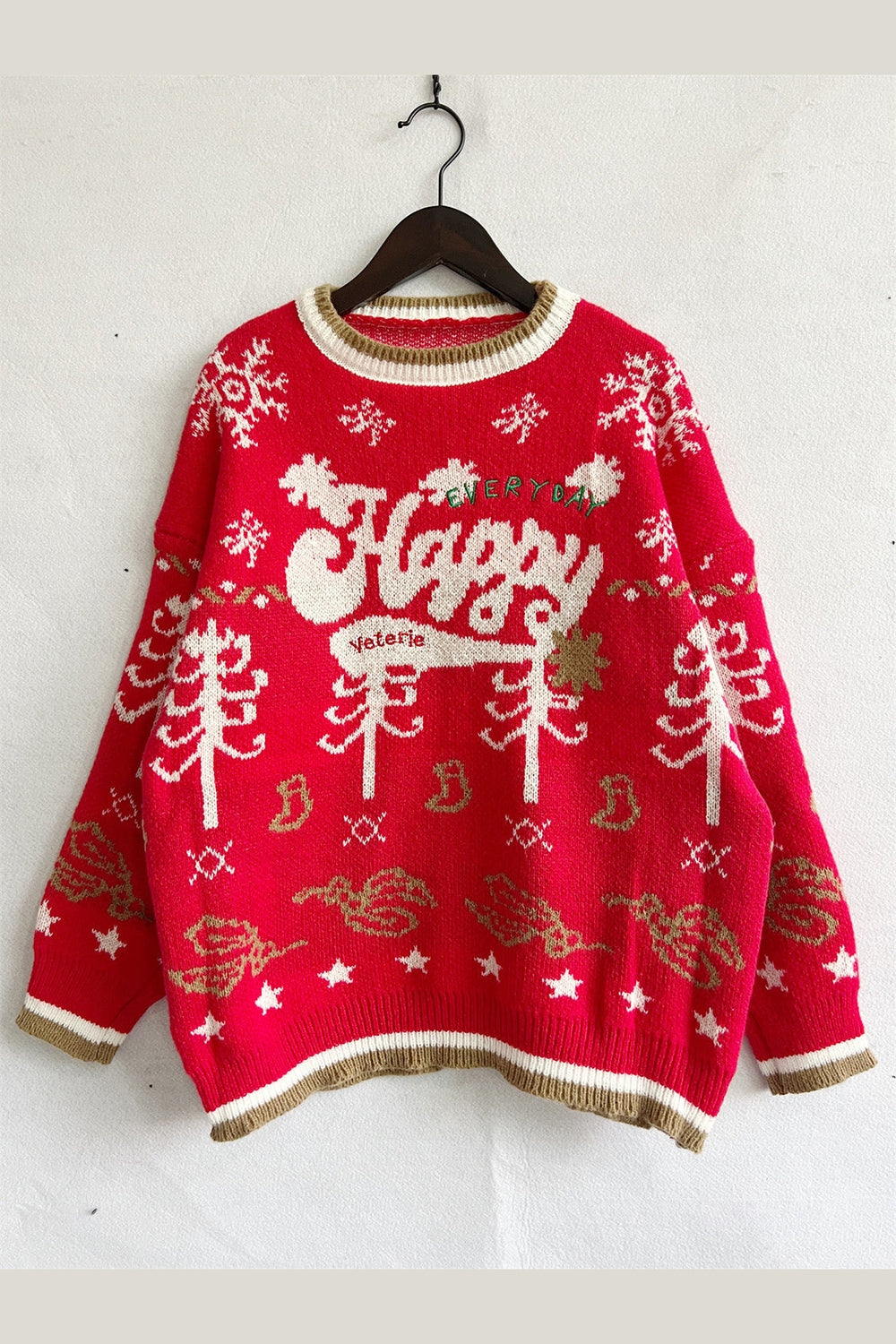 HAPPY Round Neck Long Sleeve Sweater - Pullover Sweaters - FITGGINS