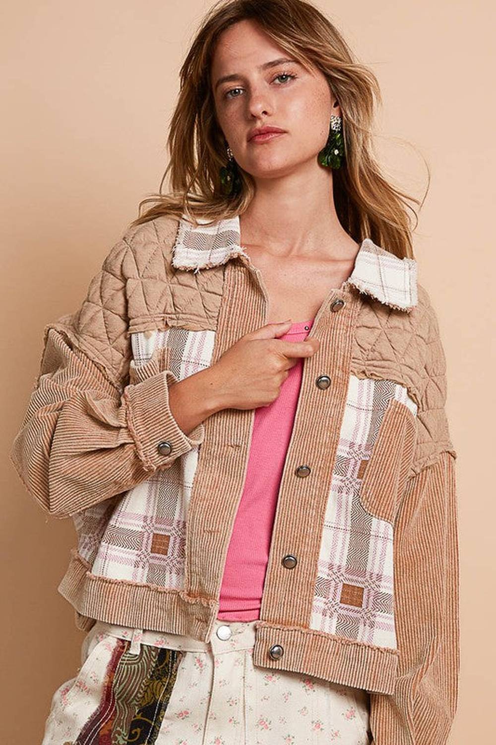 POL Corduroy Jacquard Patchwork Button Up Jacket - Jackets - FITGGINS