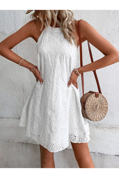 Eyelet Grecian Neck Mini Dress - Casual & Maxi Dresses - FITGGINS