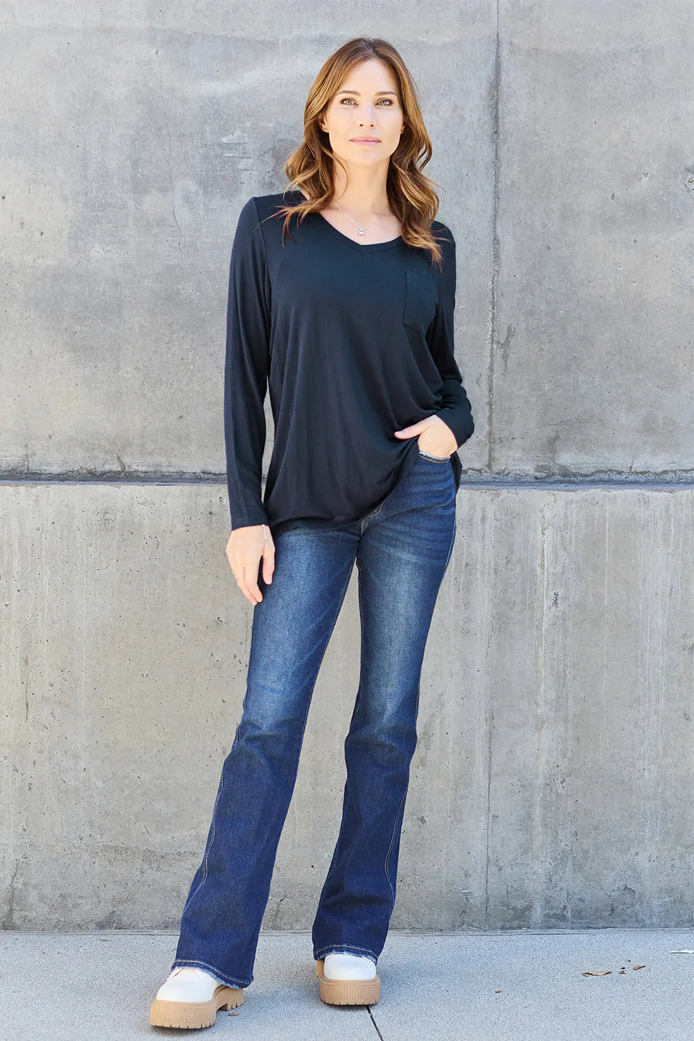 Basic Bae Full Size V-Neck Long Sleeve Top Fitggins