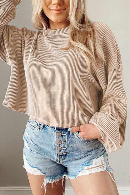 Round Neck Drop Shoulder Long Sleeve Top - Blouses - FITGGINS