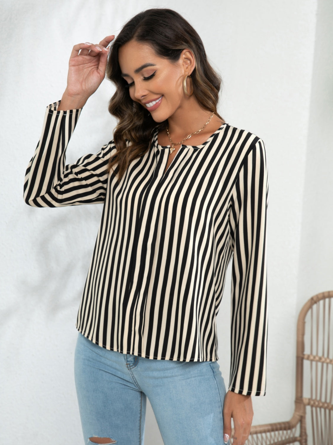 Striped Long Sleeve Notched Blouse Tan Fitggins