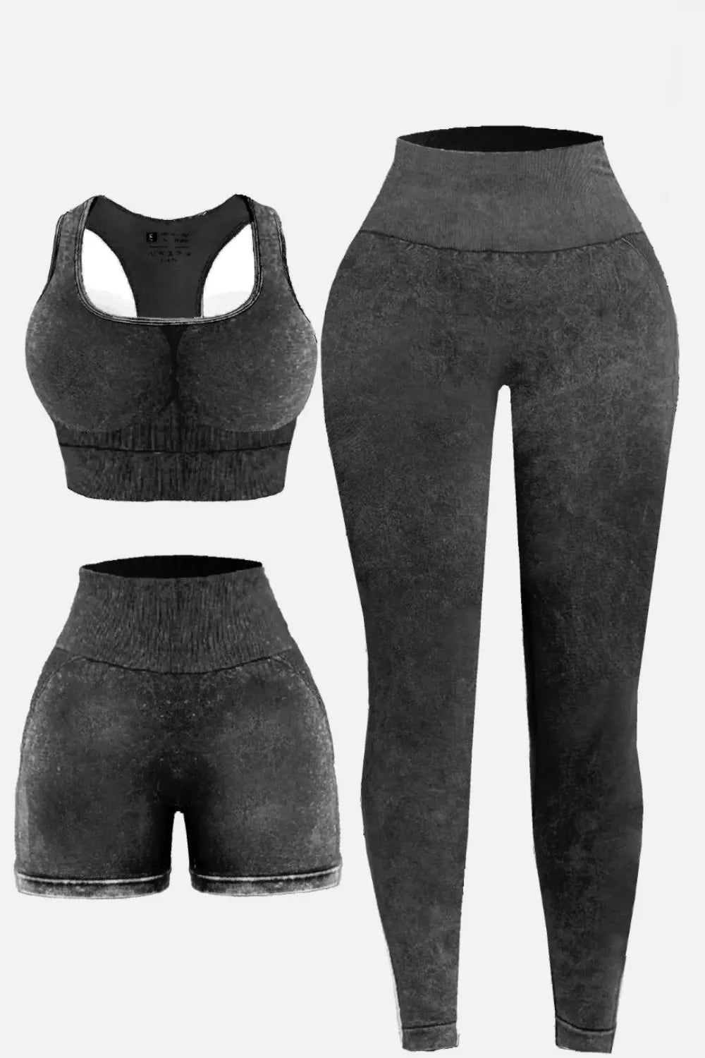 3 Piece Washed Square Neck Wide Strap Active Set Dark Gray Fitggins