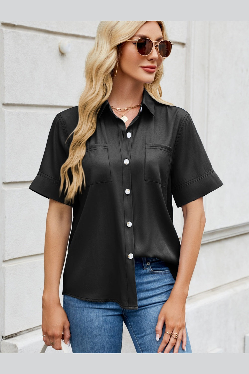 Collared Neck Short Sleeve Shirt - Shirts - FITGGINS