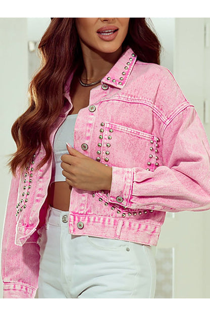 Studded Button Up Denim Jacket - Denim Jackets - FITGGINS