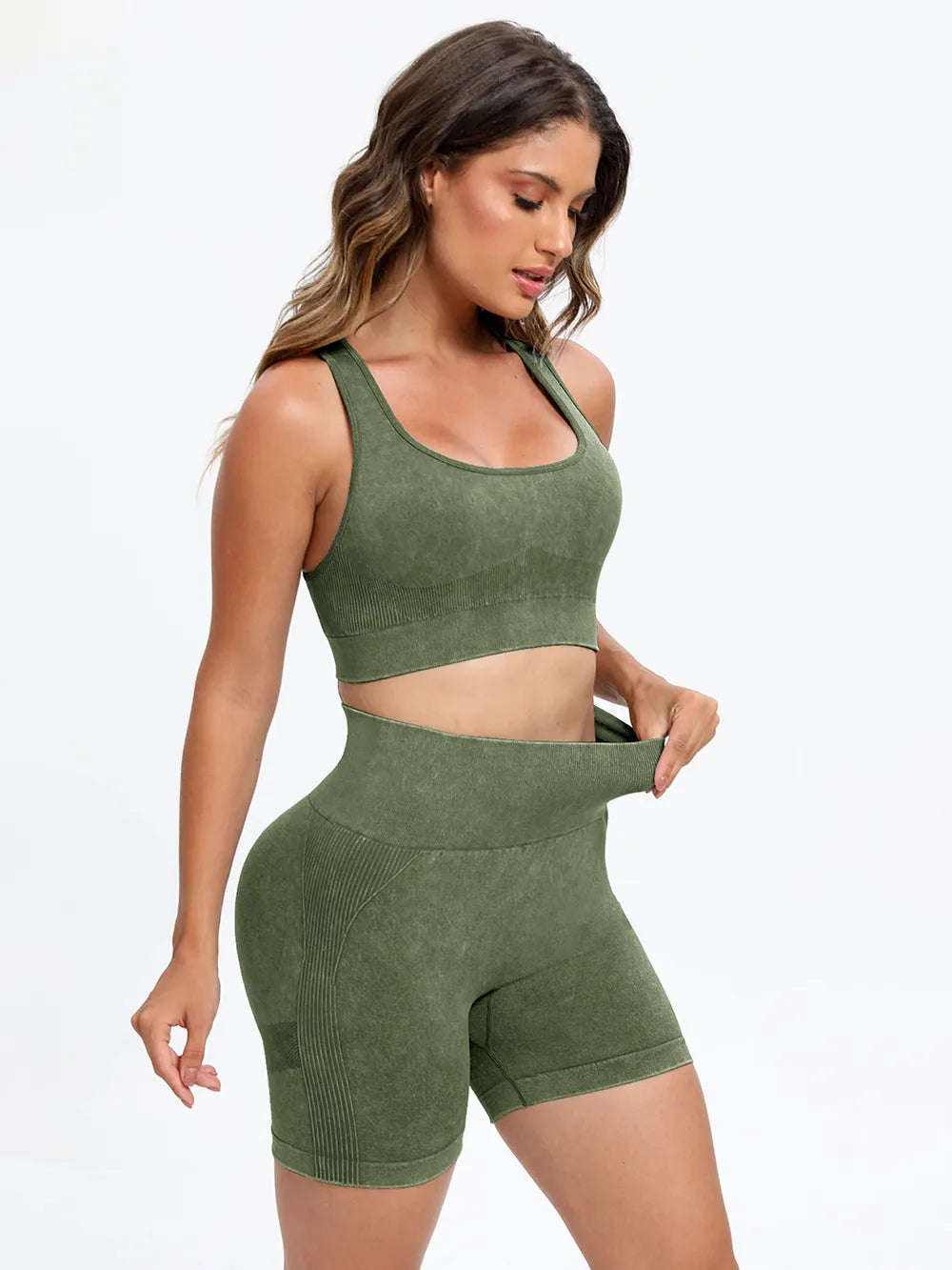 Scoop Neck Wide Strap Top and Shorts Active Set Matcha Green Fitggins